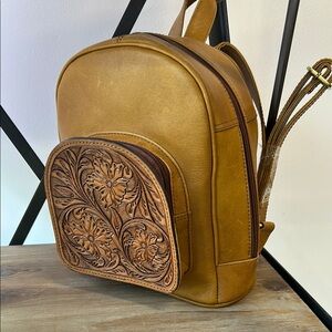 Brown Leather Backpack with Floral Design